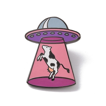 Space Ship with Cow Alloy Enamel Pin Brooch, for Backpack Clothes, Pink, 30x23.5x2mm