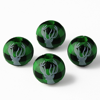Painted Natural Wood Beads, Round with Deer, Christmas Style, Green, 16x15mm, Hole: 4mm