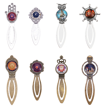 Tibetan Style Bookmark Cabochon Settings and Transparent Glass Cabochons, Mixed Color, Tray: 20mm, 81x31x4mm, 16pcs/set