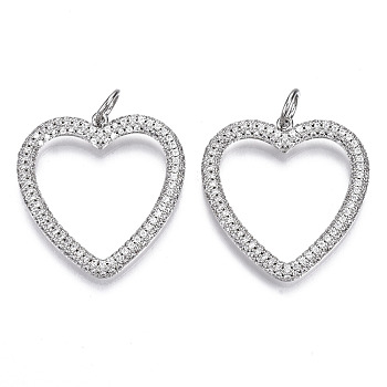 Brass Micro Pave Cubic Zirconia Pendants, with Jump Ring, Heart, Nickel Free, Real Platinum Plated, Clear,  31x29x3mm, Hole: 5mm