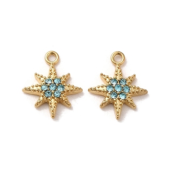 304 Stainless Steel Rhinestone Charms, Real 14K Gold Plated, Star Charm, Aquamarine, 11.5x9.5x2mm, Hole: 1mm
