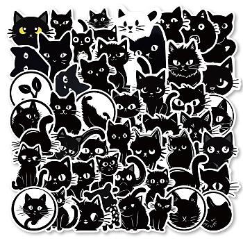 50Pcs PVC Self Adhesive Cat Cartoon Stickers, Waterproof Pet Decals for Laptop, Bottle, Luggage Decor, Black, 44~72x37.5~74x0.2mm