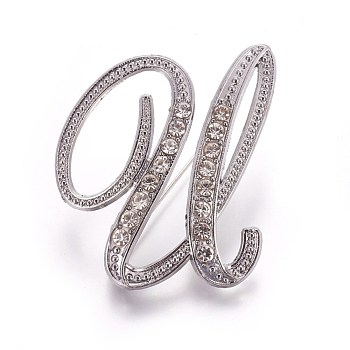 Alloy Brooches, with Rhinestone, Letter, Letter.U, Platinum, 48x41x4mm, Pin: 1mm