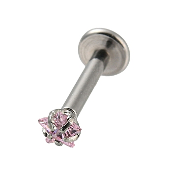 304 Stainless Steel Threaded Flatback Earrings, Cubic Zirconia Cartilage Earrings, Pink, 11x4mm, Star: 3x3mm