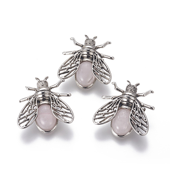 Natural Rose Quartz Brooches, with Brass Findings, Cicada, Antique Silver, 38x36x8mm, Pin: 0.6mm