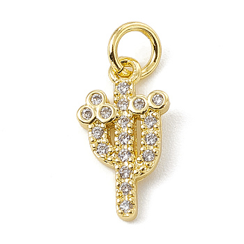 Brass Micro Pave Cubic Zirconia Charms, with Jump Rings, Cactus Charms, Real 18K Gold Plated, 14.5x8x1.5mm, Hole: 3.4mm