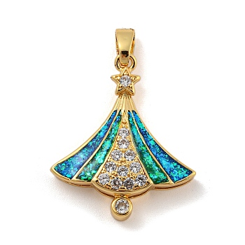 Christmas Brass Micro Pave Cubic Zirconia Pendant, with Synthetic Opal, Christmas Tree, Deep Sky Blue, 29x24.5x5.5mm, Hole: 5x3mm