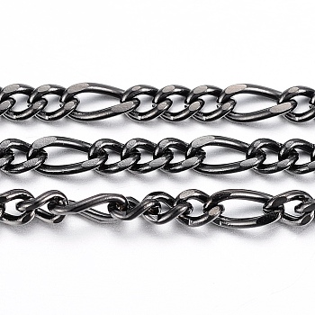 304 Stainless Steel Figaro Chains, Unwelded, with Spool, Faceted, Electrophoresis Black, 4~6x3x0.8mm, about 32.8 Feet(10m)/roll