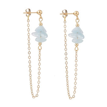Natural Aquamarine Chip Beads Dangle Stud Earrings for Women, Chain Drop Earrings, Golden, 65x2mm, Pin: 0.7mm