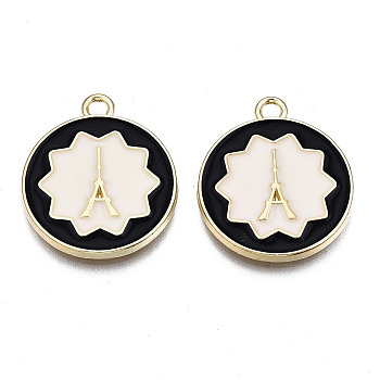 Alloy Pendants, with Enamel , Cadmium Free & Lead Free, Flat Round with Flower Pattern & Tower, Light Gold, Black, 23x20x2mm, Hole: 2mm