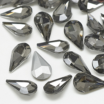 Pointed Back Glass Rhinestone Cabochons, Back Plated, Faceted, teardrop, Black Diamond, 8x5x3mm