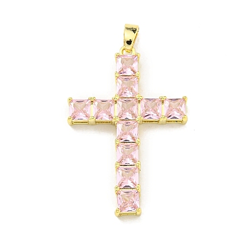 Brass Micro Pave Cubic Zirconia Pendants, Cross Charms, Pink, Real 18K Gold Plated, 33x22x4mm, Hole: 5x2.5mm