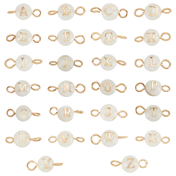 Elite 1 Set 26 Styles Natural Freshwater Shell Beads Connector Charms, with Golden Tone 304 Stainless Steel Double Loops, Flat Round with Letter A~Z, Seashell Color, 12x5.5x3.5mm, Hole: 2~2.5mm, 1pc/style, 26pcs/set