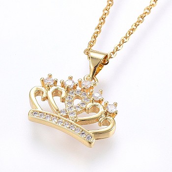 304 Stainless Steel Pendant Necklaces, with Cubic Zirconia, Crown, Golden, 18.11 inch(46cm), Pendant: 15x18x3.5mm