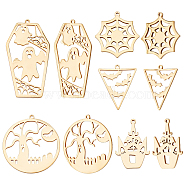 10Pcs 5 Style 201 Stainless Steel Pendants, Halloween Style, House & Spider Web & Coffin with Ghost, Real 18K Gold Plated, 27~45x20~32x1mm, Hole: 1.4~1.5mm, 2pcs/style(STAS-BBC0002-04)