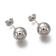 304 Stainless Steel Ball Stud Earrings, with 316 Stainless Steel Pin & Earring Backs, Round, Stainless Steel Color, 22x10mm, Pin: 0.8mm(EJEW-L254-01A-P)