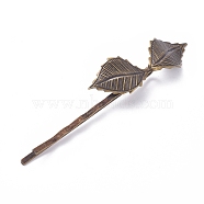 Iron Hair Bobby Pins, with Brass Findings, Leaf, Nickel Free, Antique Bronze, 72x4.5mm, Leaf: 42x14mm(IFIN-L035-04AB-NF)