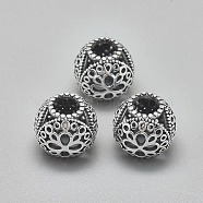 925 Sterling Silver European Beads, Large Hole Beads, Hollow, Round with Flower, Antique Silver, 10.5mm, Hole: 4.5mm(STER-I019-42AS)