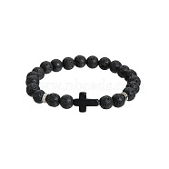 Natural Lava Rock Round & Black Stone Cross Beaded Stretch Bracelets(AL9928-3)