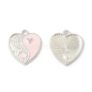 Alloy Enamel Pendants, Heart with Yin Yang Charm, Platinum, Misty Rose, 17x15x1.6mm, Hole: 1.8mm(ENAM-G212-05P-02)