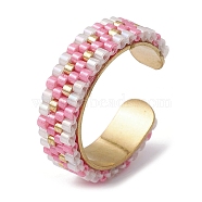 304 Stainless Steel Open Cuff Ring with Glass Seed Beaded, Triangle, US Size 6 1/2(16.9mm)(RJEW-MZ00013-02)