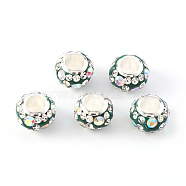 Handmade Polymer Clay Rhinestone European Beads, Large Hole Beads, with Brass Silver Color Core, Rondelle, Dark Green, 11x7.5mm, Hole: 5mm(FPDL-S016-001D)