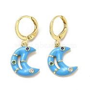 Crescent Moon Real 18K Gold Plated Brass Dangle Leverback Earrings, with Enamel and Cubic Zirconia, Deep Sky Blue, 29.5x13mm(EJEW-L268-031G-01)