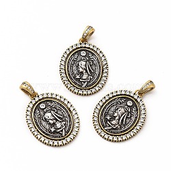 Rack Plating Brass Micro Pave Cubic Zirconia Pendants, Long-Lasting Plated, Lead Free & Cadmium Free, Oval with Greece Coin Charm, Antique Golden, 26x20x2mm, Hole: 3x6mm(KK-K165-19)