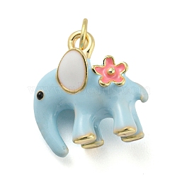 Elephant Rack Plating Brass Enamel Pendants, with Jump Ring, Long-Lasting Plated, Cadmium Free & Lead Free, Real 18K Gold Plated, Light Blue, 15x14.5x9.5mm, Hole: 3.8mm(X-KK-Q804-16G)