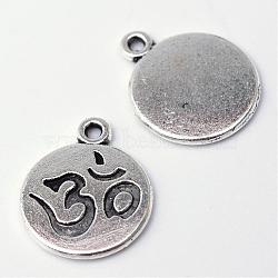 Tibetan Style Alloy Pendant Enamel Settings, Flat Round with Om Symbol, Lead Free & Cadmium Free, Antique Silver, 15.9x12.9x1.5mm, Hole: 1.5mm, about 900pcs/1000g(TIBEP-S297-31AS-RS)