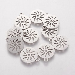 Non-Tarnish 304 Stainless Steel Charms, Flat Round with Sun, Stainless Steel Color, 14x12x1mm, Hole: 1.5mm(STAS-Q201-T053)