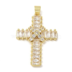 Rack Plating Brass Micro Pave Cubic Zirconia Pendants, Long-Lasting Plated, Lead Free & Cadmium Free, Cross Charms, Religion, Real 18K Gold Plated, 38x27x5.5mm, Hole: 6x4mm(KK-F869-09G)