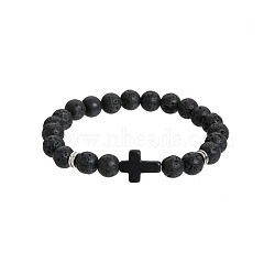 Natural Lava Rock Round & Black Stone Cross Beaded Stretch Bracelets(AL9928-3)