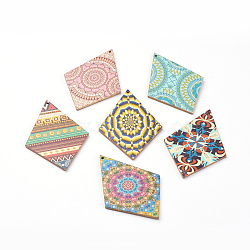 Printed Wooden Big Pendants, Rhombus with Pattern, Mixed Color, 74.5x50x2.5mm, Hole: 1.5mm(X-WOOD-S037-100)