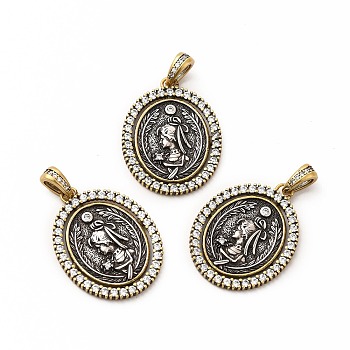 Rack Plating Brass Micro Pave Cubic Zirconia Pendants, Long-Lasting Plated, Lead Free & Cadmium Free, Oval with Greece Coin Charm, Antique Golden, 26x20x2mm, Hole: 3x6mm