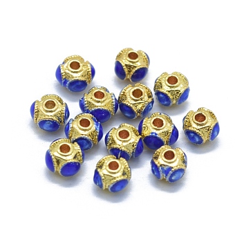 Brass Beads, with Enamel, Rondelle, Golden, Blue, 7x7x5mm, Hole: 1.6mm