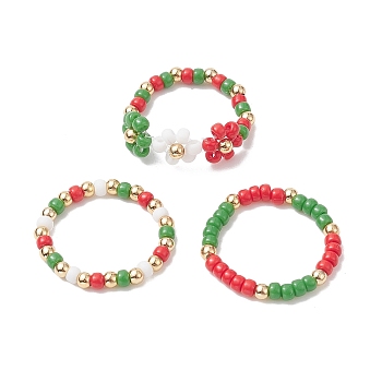 3Pcs 3 Style MIYUKI Round Beaded Stretch Rings Set, Christmas Jewelry, Mixed Color, Inner Diameter: 20mm