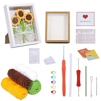 Sunflower Yarn Knitting Beginner Kit, including Photo Frame Stand, Yarn, PP Cotton Stuffing Fiber, Ribbon, Plastic Locking Stitch Marker & Crochet Hooks & Needle, Mixed Color