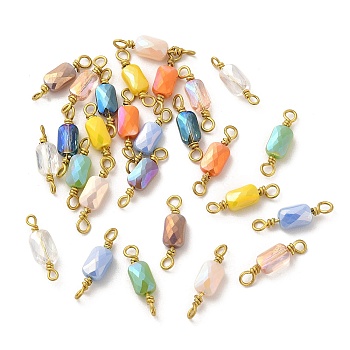 Faceted Glass Connector Charms, with Raw(Unplated) Brass Double Loops, Rectangle, Mixed Color, 15x4x3.5mm, Hole: 1.6mm