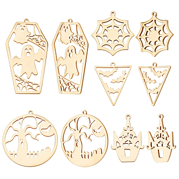 10Pcs 5 Style 201 Stainless Steel Pendants, Halloween Style, House & Spider Web & Coffin with Ghost, Real 18K Gold Plated, 27~45x20~32x1mm, Hole: 1.4~1.5mm, 2pcs/style