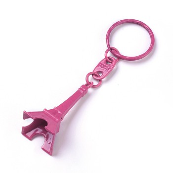 Alloy Keychain, with Iron Ring, Eiffel Tower, Hot Pink, 98mm