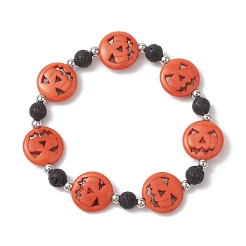 Halloween Pumpkin Synthetic Turquoise & Natural Lava Rock Beaded Stretch Bracelets, Inner Diameter: 5cm