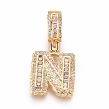 Brass Micro Pave Cubic Zirconia Pendants, Letter, Clear, Golden, Letter.N, 19.5x16x3.5mm, Hole: 6.5x9mm