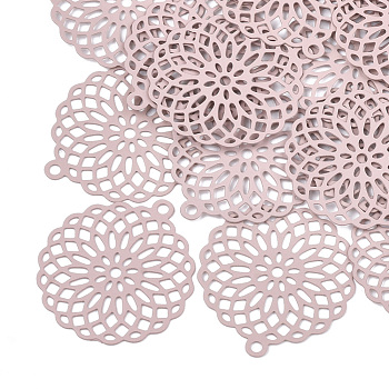 430 Stainless Steel Filigree Pendants, Spray Painted, Etched Metal Embellishments, Flower, Pink, 30x27x0.3mm, Hole: 1.8mm