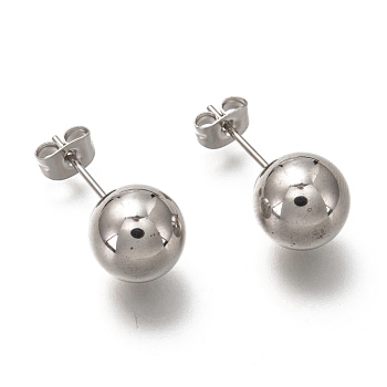 304 Stainless Steel Ball Stud Earrings, with 316 Stainless Steel Pin & Earring Backs, Round, Stainless Steel Color, 22x10mm, Pin: 0.8mm