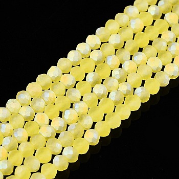 Transparent Glass Beads Strands, Faceted, Frosted, Half AB Color Plated, Rondelle, Yellow, 2.9~3.3x2mm, Hole: 0.7mm, about 148~150pcs/strand, 39.5~40cm