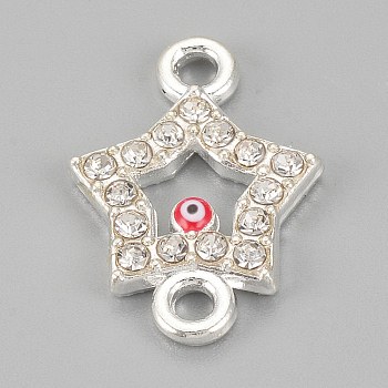 Alloy Rhinestone Links connectors, Cadmium Free & Lead Free, Star with Evil Eye, Red, Silver Color Plated, 19x13.5x2mm, Hole: 2mm