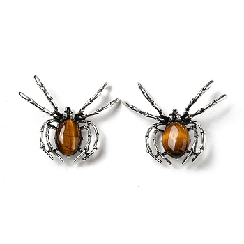 Dual-use Items Alloy Brooch, with Natural Tiger Eye and Rhinestone, Spider, 46x54x12mm, Hole: 4x3.5mm