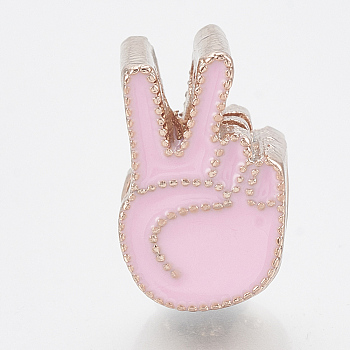 Alloy Enamel ASL European Beads, Large Hole Beads, Gesture for Victory, Rose Gold, Pink, 12.5x8x8mm, Hole: 5mm
