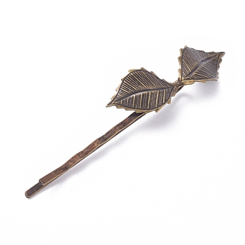 Iron Hair Bobby Pins, with Brass Findings, Leaf, Nickel Free, Antique Bronze, 72x4.5mm, Leaf: 42x14mm